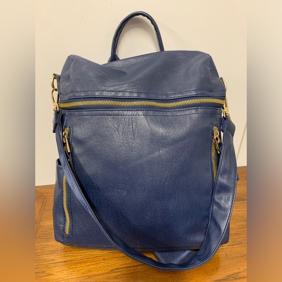 3 usable way blue leather backpack shoulder and handbag - Picture 3 of 5